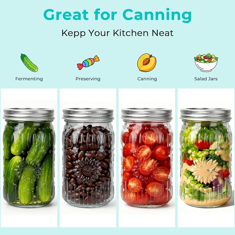 CycleMore 6 Pack 32oz Glass Mason Jars with Silver Two-Piece Lids - Wide Mouth Jars, 1 Quart Canning Jars With Sunflower Print for Preserving, Decor & Storage - Image 5